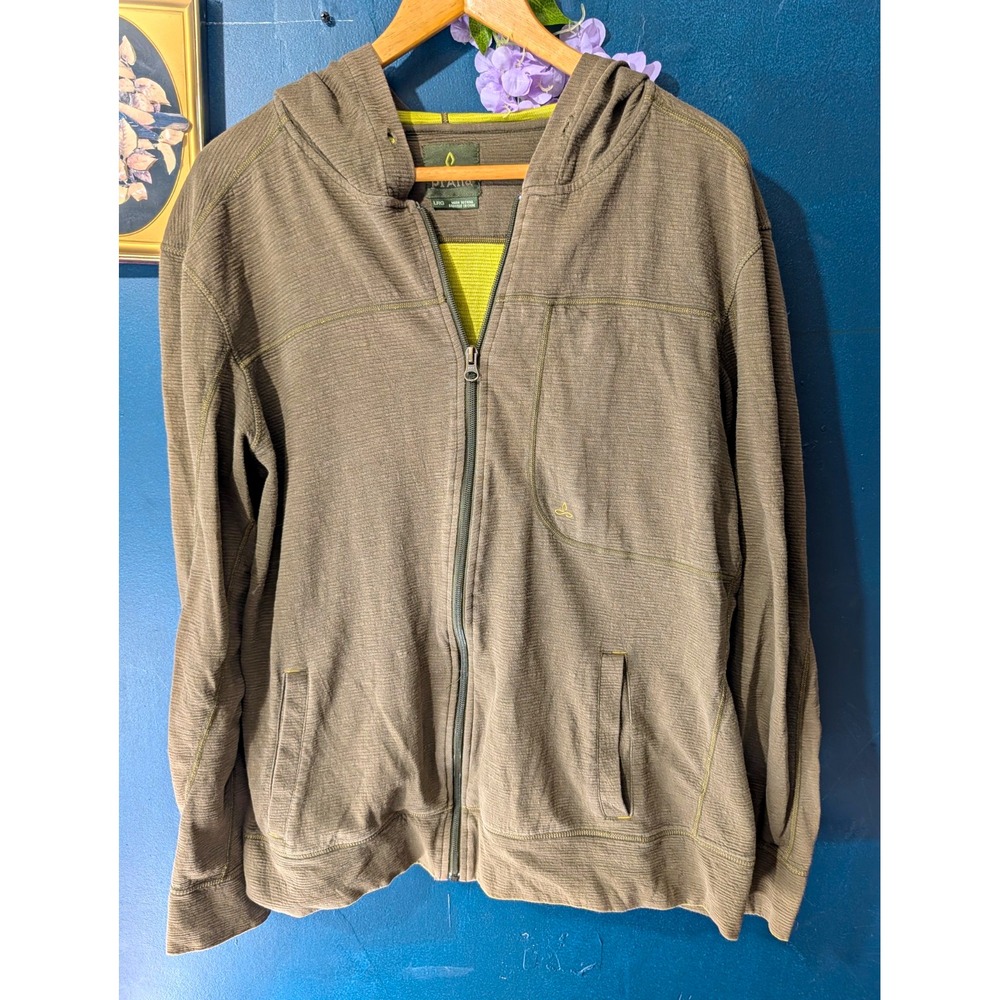 Prana Men's Olive Green Woven Texturized Full-Zip Hoodie Sweatshirt Size Large